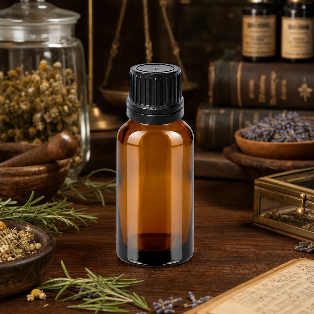 20ml druppelflacon 1mm zwart OV BrownLine UT18/20 Navulbare 20ml druppelflacon met OV-dop, perfect voor reispakketten en mobiele aromatherapie