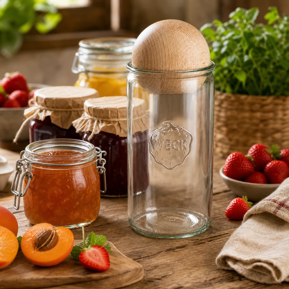 WECK pot 1590ml RR100 met beukenhouten bol in de keuken tussen jam, vers fruit en kruiden