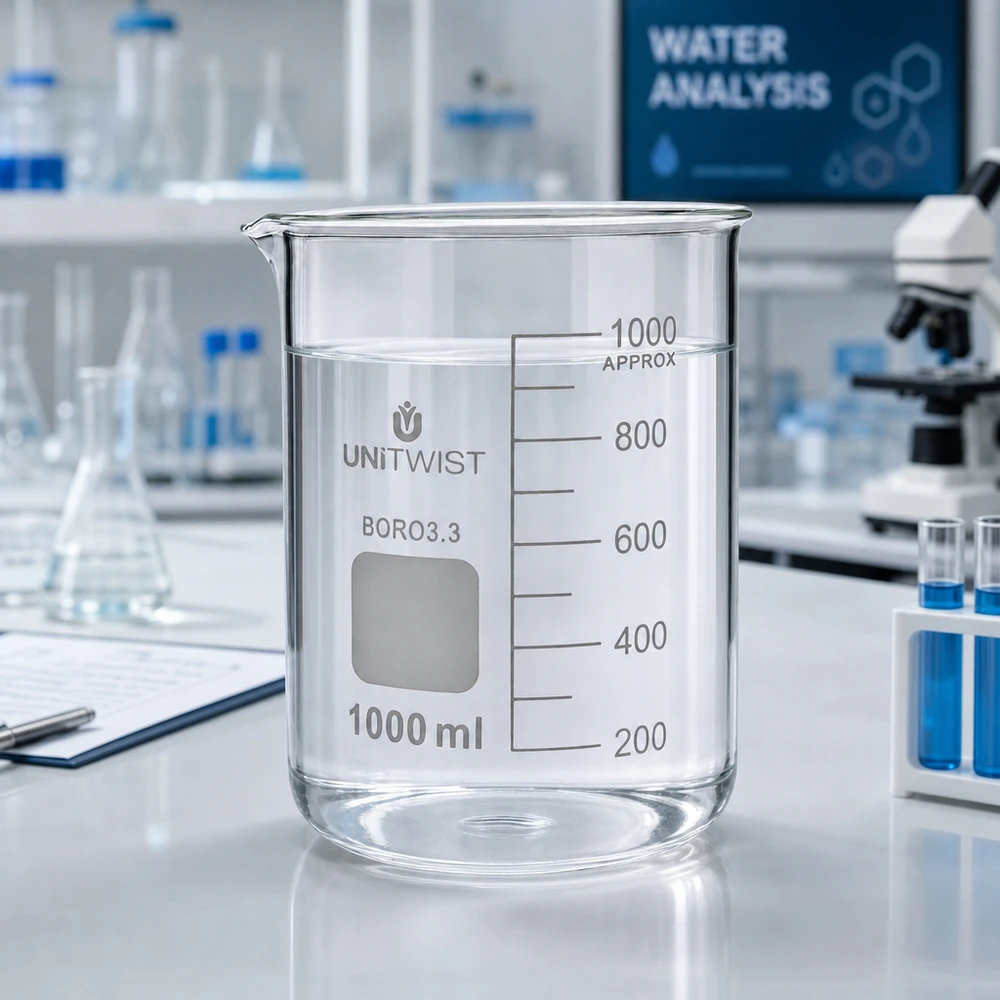 Beker 1000ml borosilicaat, lage vorm UNiTWIST Becherglas 1000 ml BORO3.3, laag model met tuit, voor wateranalyse in het laboratorium