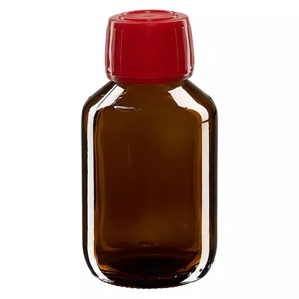 100ml Euro-medicijnfles bruin met rode schroefsluiting VR 100ml Euro-medicijnfles bruin met rode schroefsluiting VR