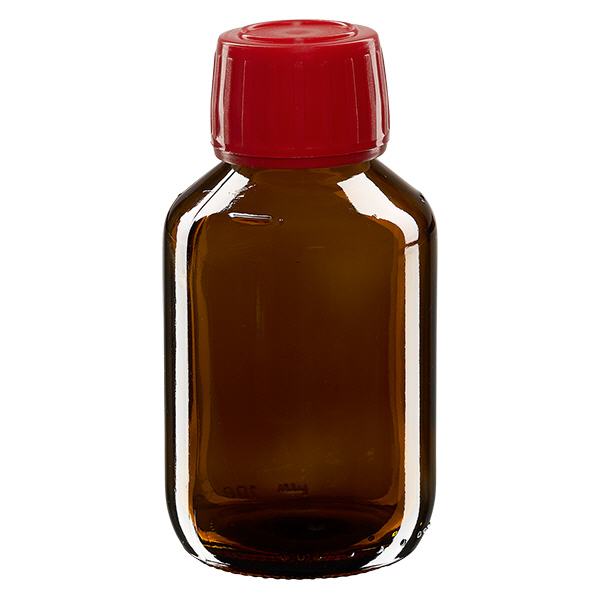 100ml Euro-medicijnfles bruin met rode schroefsluiting VR 100ml Euro-medicijnfles bruin met rode schroefsluiting VR