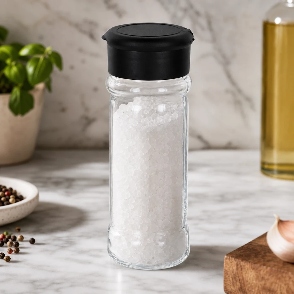 Zout-/kruidenpotje 100 ml met strooier, zwart Gevuld zoutstrooierglas van 100 ml met zwarte deksel naast olijfolie en een houten plankje