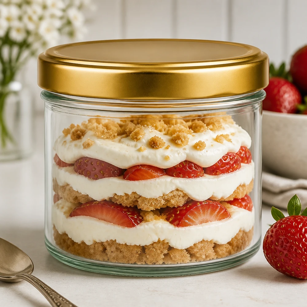 230ml cilindrische pot met BasicSeal deksel goud UNiTWIST 230ml Zylinderglas mit goldenem BasicSeal Deckel als schickes Dessertglas für geschichtetes Erdbeer-Trifle Nachtisch