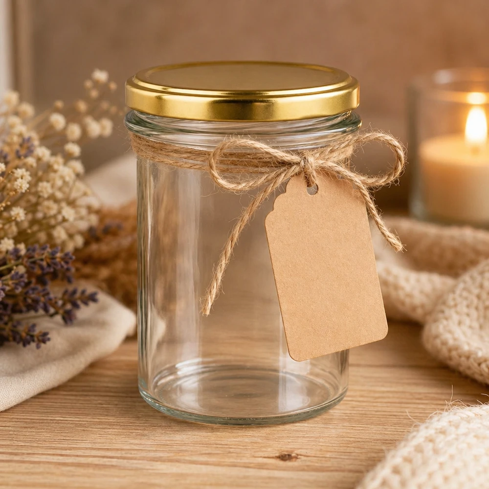 230ml beker met gouden BasicSeal deksel UNiTWIST decoratief met jute koord en papieren label als cadeau-idee