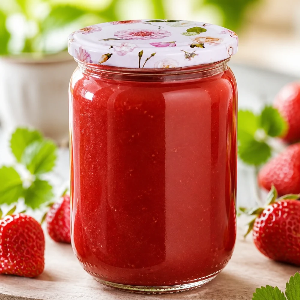 555 ml rond glas + BasicSeal-deksel met bloemmotief, roze, UNiTWIST Rode vruchtenjam in een grote UNiTWIST-inmaakpot van 555 ml met een decoratieve roze schroefdop