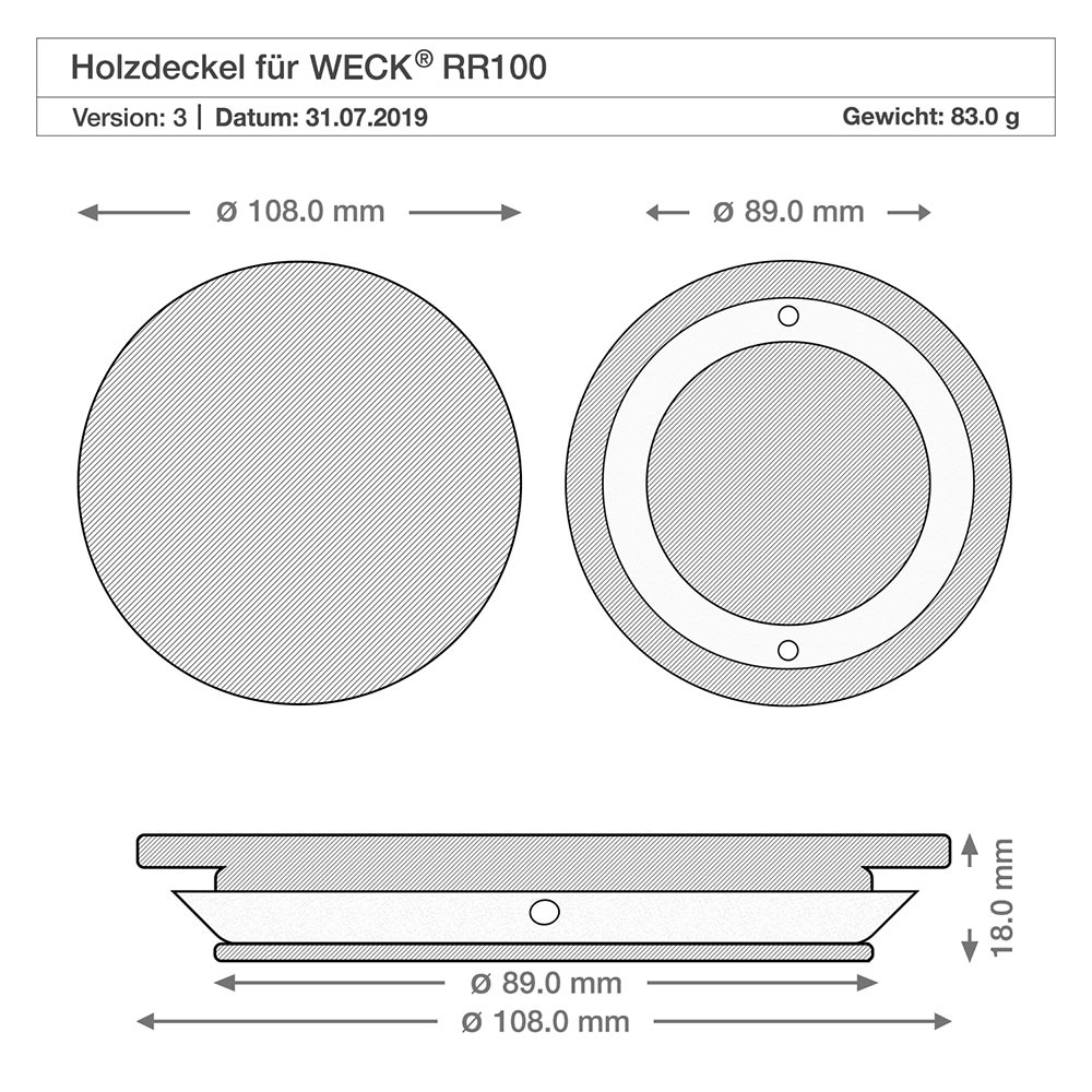 1500ml stortglas WECK RR100 met hout deksel Technische tekening van houten deksel voor WECK RR100 pot met afmetingen 108mm 89mm 18mm diameter Hoogte Specificatie