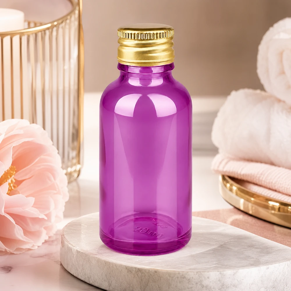 30ml flacon 11mm schroefdop aluminium gouden standaard PurpleLine. UT18/30 Stijlvolle 30ml paarse flacon van stevig glas met aluminium dop voor hoogwaardige schoonheidsproducten