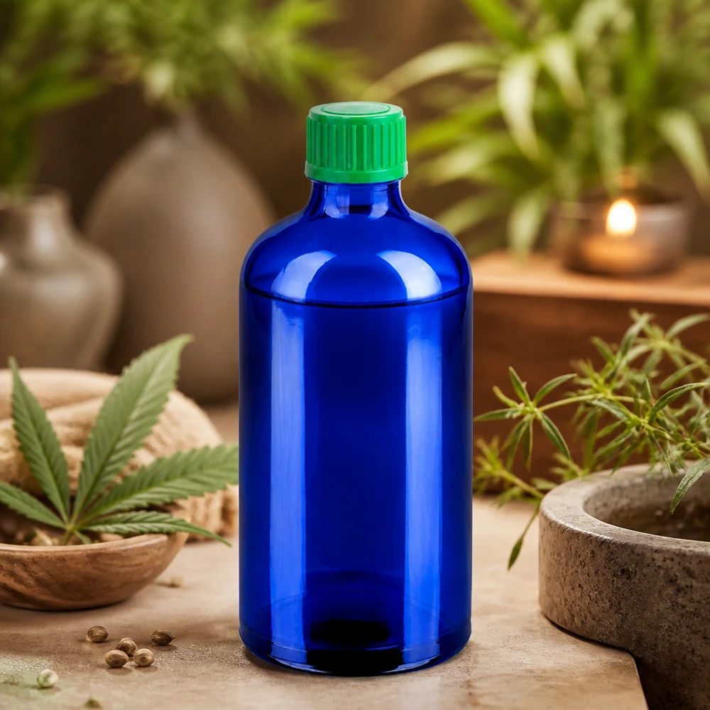 Hoogwaardige blauwe druppelflacon 100ml van glas met milieuvriendelijke groene dop voor natuurlijke producten