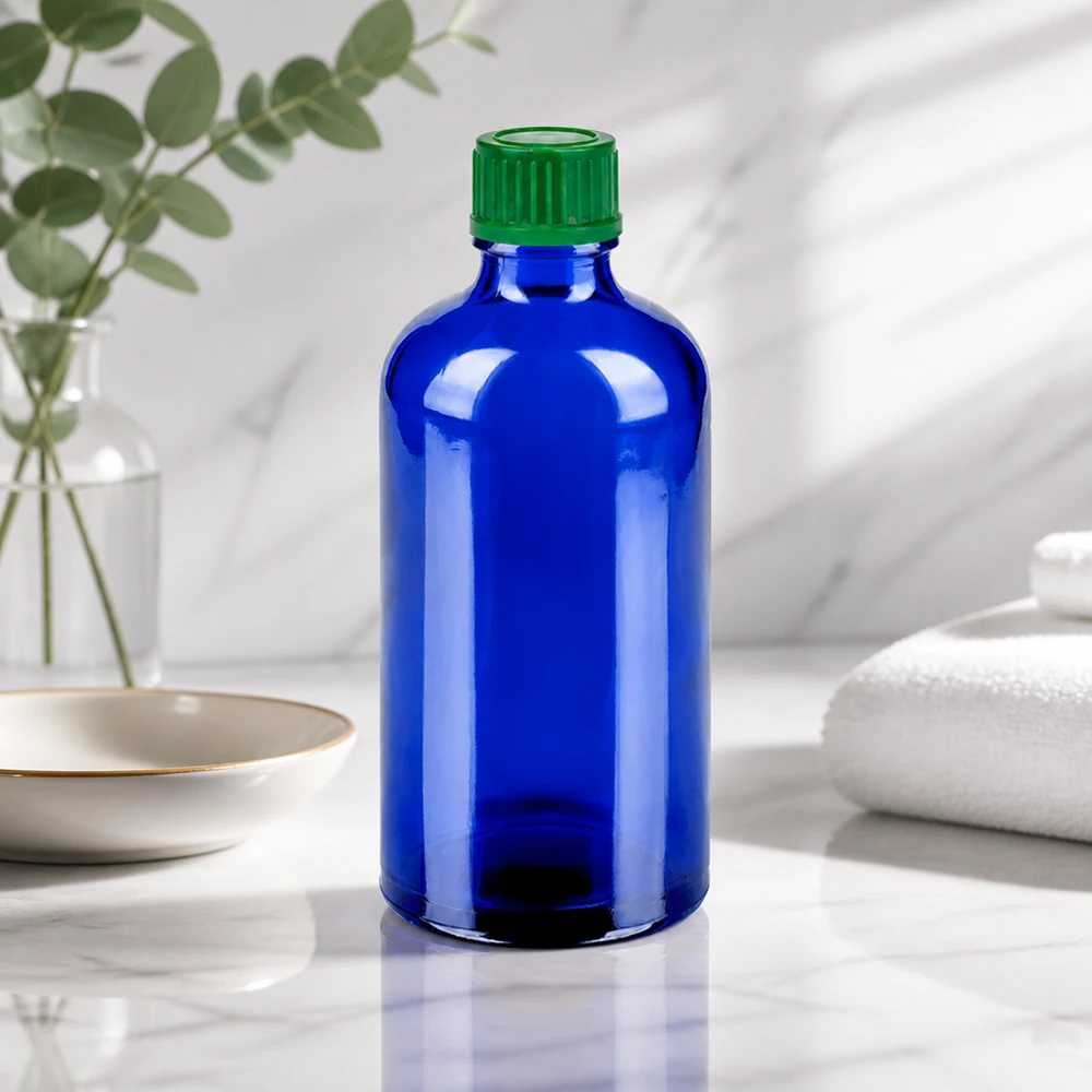 100ml fles 11mm SV groen STD BlueLine UT18/100 Universele 100ml fles in kobaltblauw voor natuurlijke cosmetica serums tincturen en homeopathische middelen