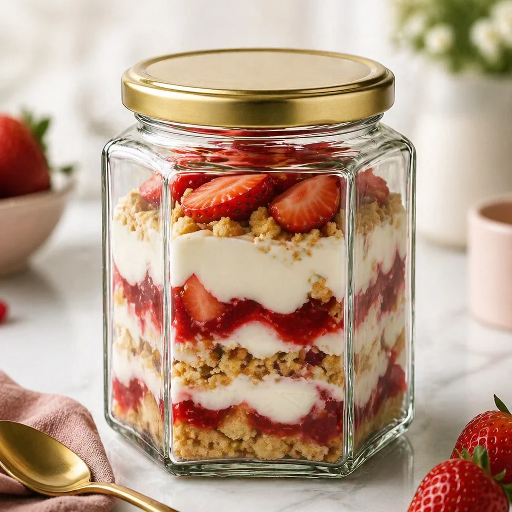 500g BasicSeal UT honingpot als dessertpot voor aardbeien trifle met roomkoekkruimels gouden zeshoekig deksel