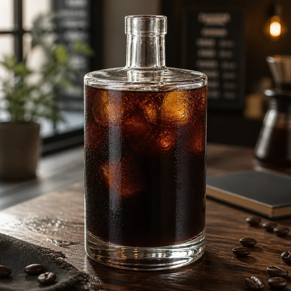 700 ml glazen fles Marie zonder sluiting UNiTWIST® 700 ml glazen fles Marie gevuld met cold brew koffie en ijsblokjes op een houten tafel met koffiebonen in het café