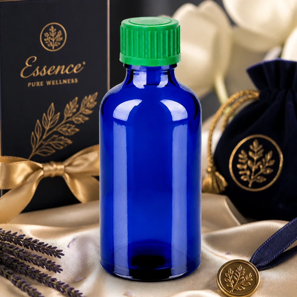 50 ml apothekersfles van UV-beschermend kobaltglas met precieze druppelaarinzet
