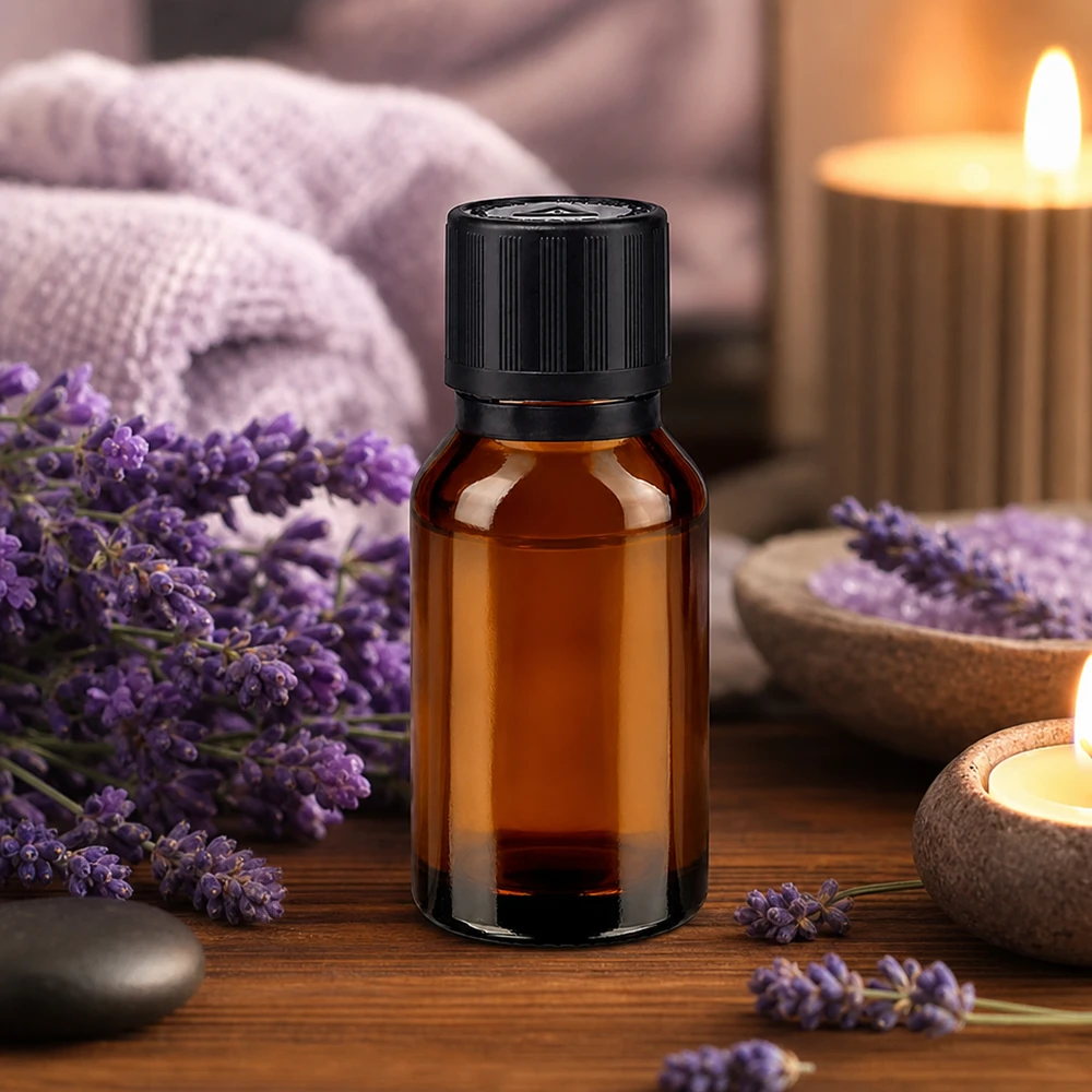 Flesje etherische olie van 15 ml met kindveilige druppeldop, omgeven door verse lavendel