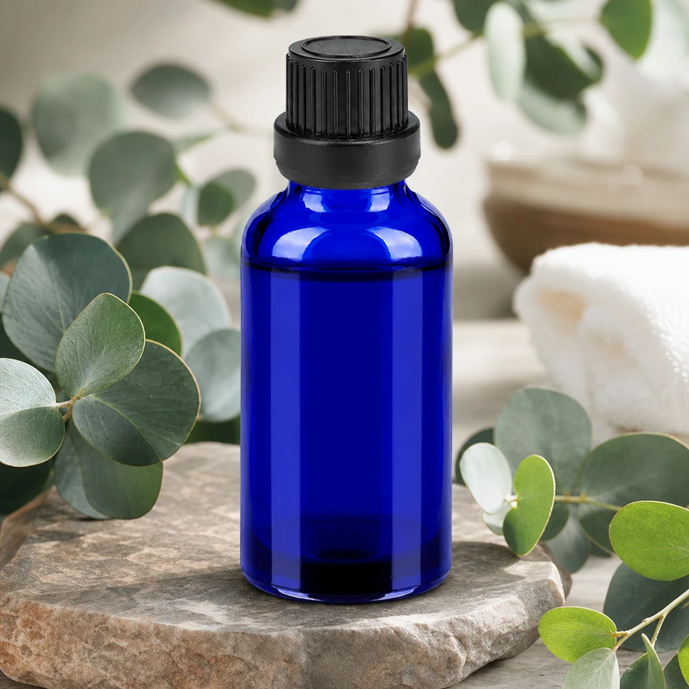 30ml 11mm SV zwart OV BlueLine UT18/30 Glazen flesje van 30 ml met UV-bescherming dankzij blauw glas voor een langdurige productkwaliteit