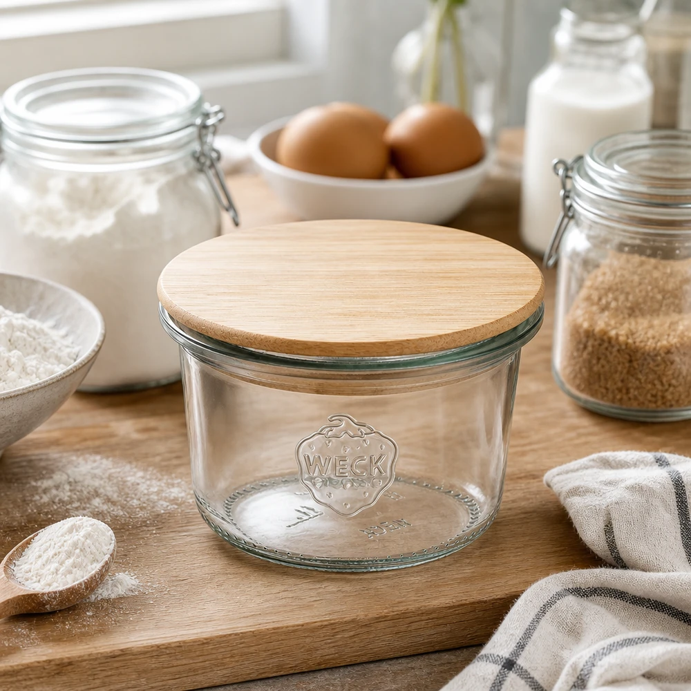 WECK-mini stortglas 80ml met hout deksel WECK bekers 80ml RR60 met bamboe deksel op houten plank omringd door bakingrediënten bloem eieren en melk in een moderne keuken