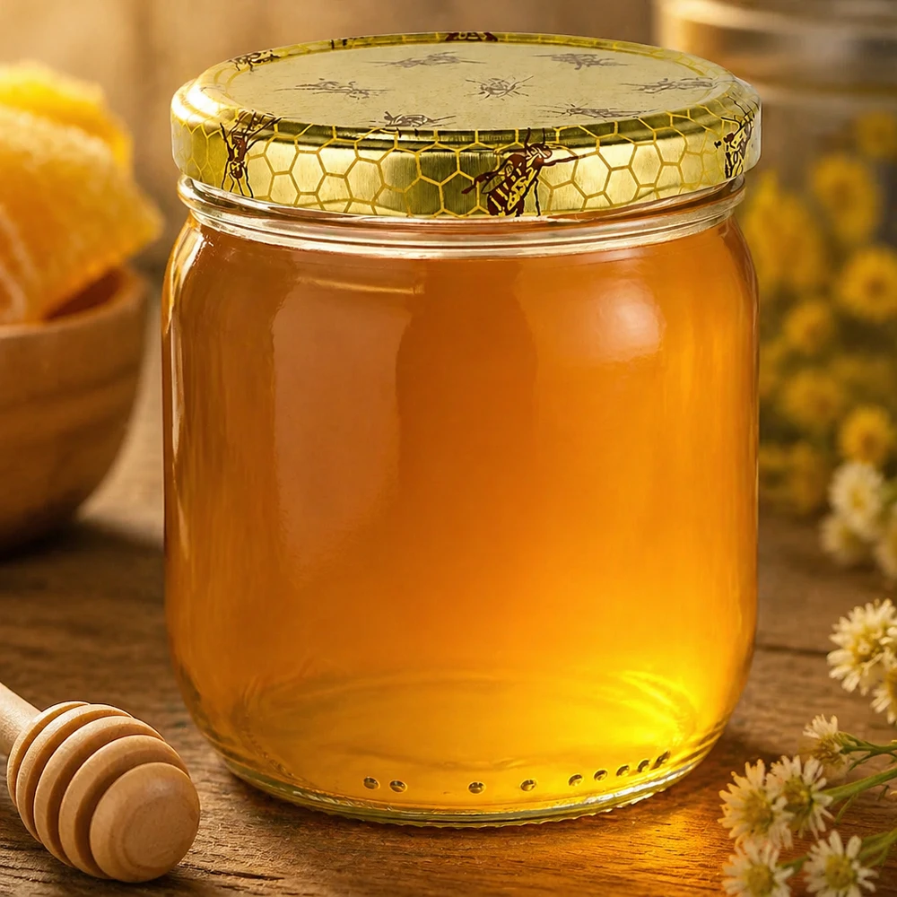 Honingpot 500 g met deksel met honingraatmotief BasicSeal UNiTWIST 500g Honigglas mit goldenem Honig gefüllt neben Honiglöffel und Blüten auf rustikalem Holztisch arrangiert
