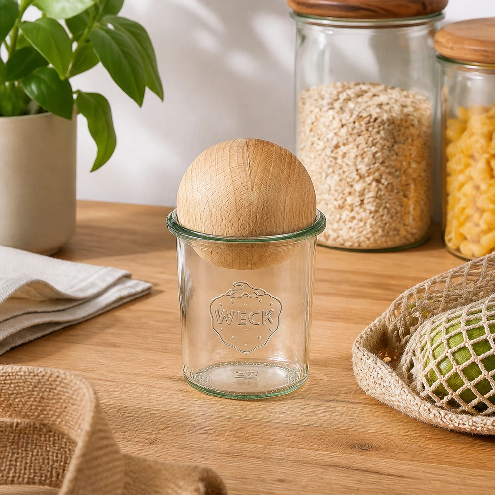 WECK RR60 160ml mason jar met beukenhouten deksel op een houten tafel, omringd door duurzaam keukengerei
