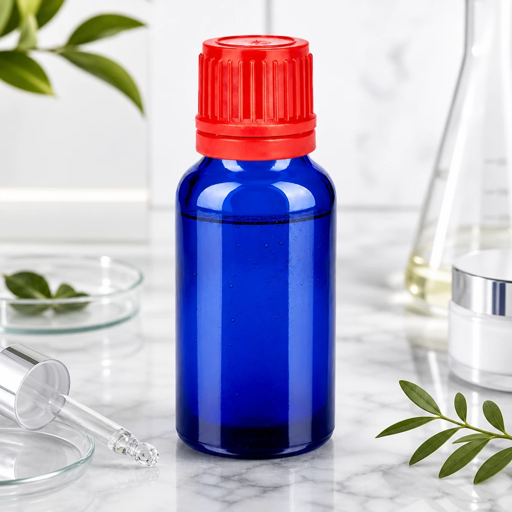 Compact 20ml laboratoriumflesje in kobaltblauw met kindveilige rode schroefdop