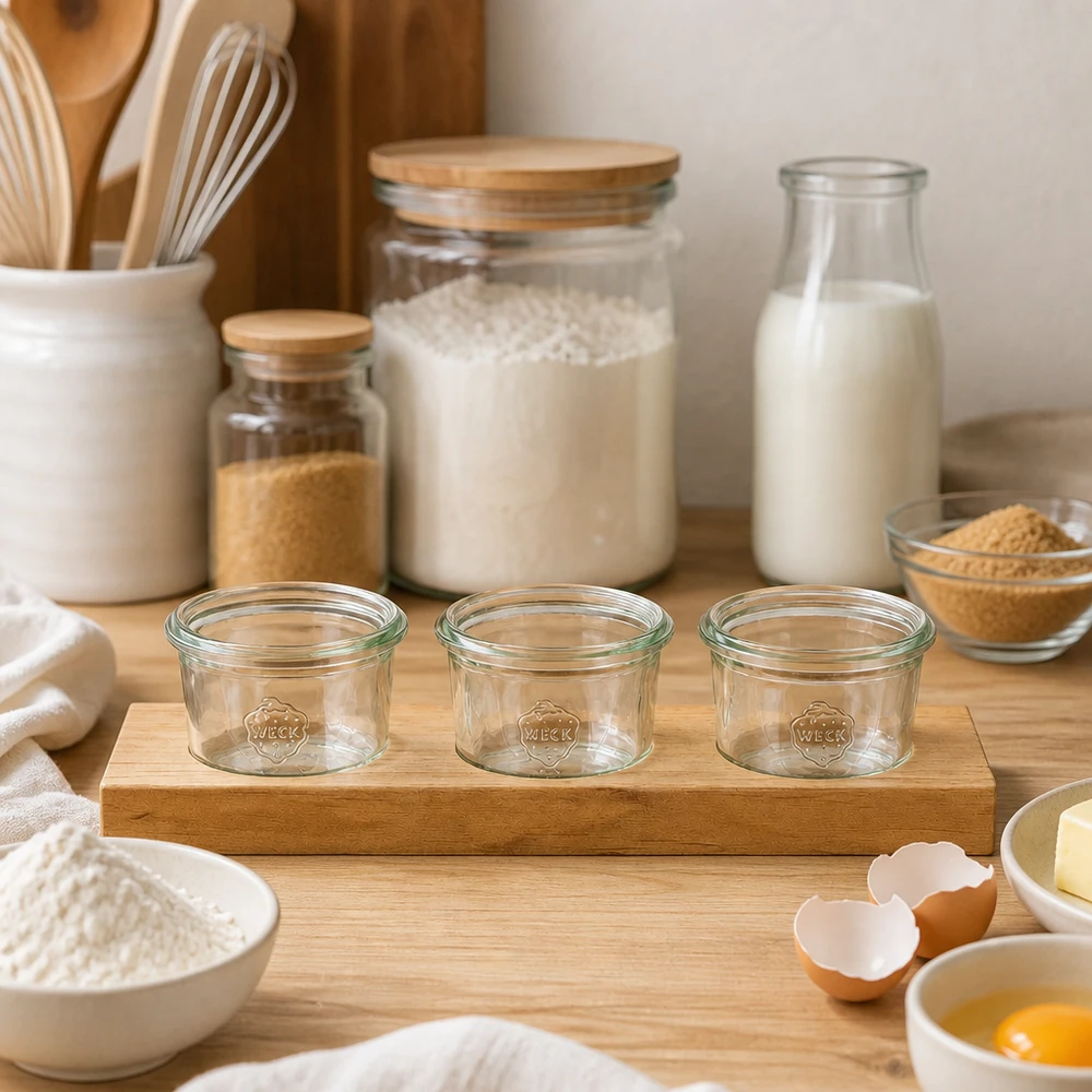 Plano3 serveerplank met 3 lege Weck 80ml bekers op houten werkblad tussen bakingrediënten en keukengerei