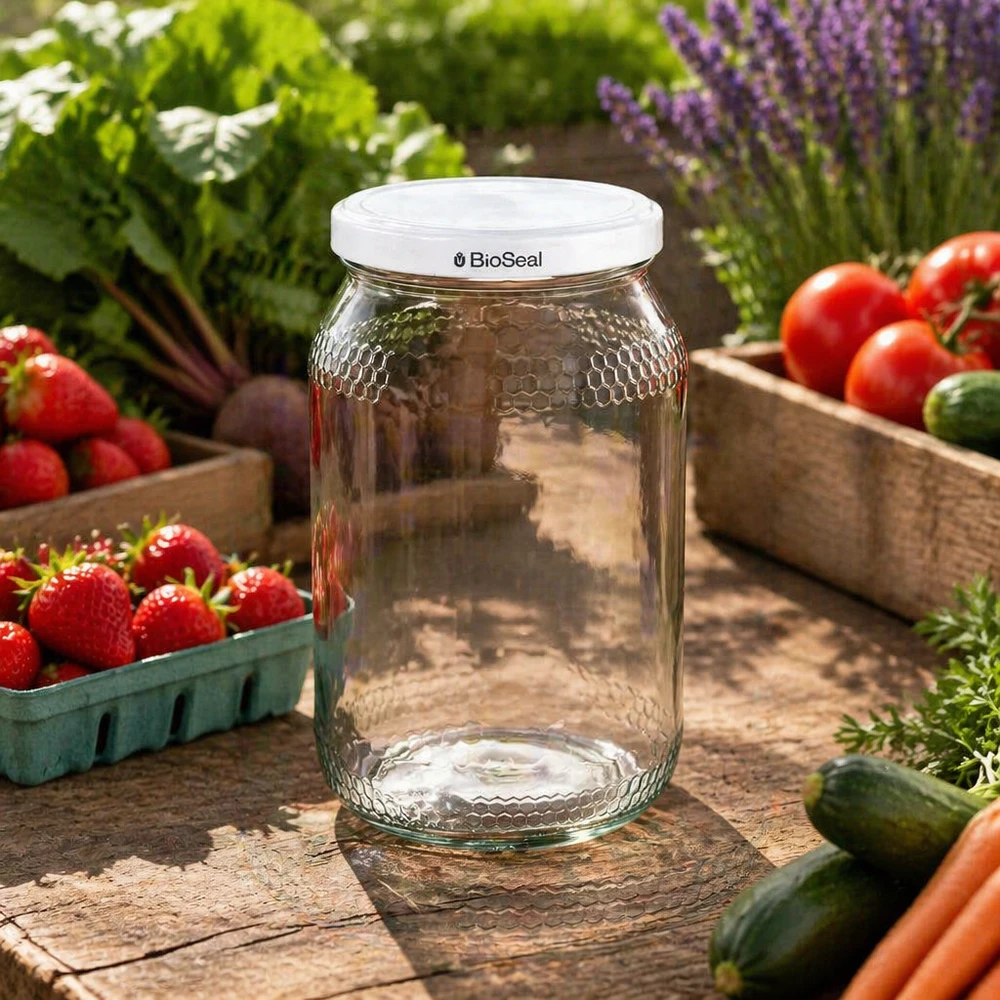 Honingpot 1260 g met witte BioSeal UNiTWIST-deksel 900ml honingpot met BioSeal deksel in de tuin tussen verse aardbeien, tomaten en kruiden als inmaakpot
