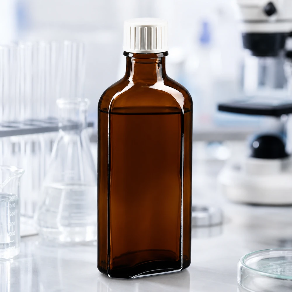 Meplat-fles met schroefdop, 100 ml, UV-bescherming, bruin glas, voor chemicaliën