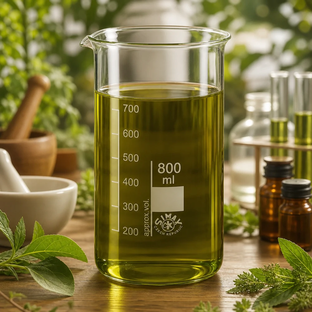 Becherglas van 800 ml, hoog model, van helder borosilicaatglas, gevuld met geelgroen plantenextract