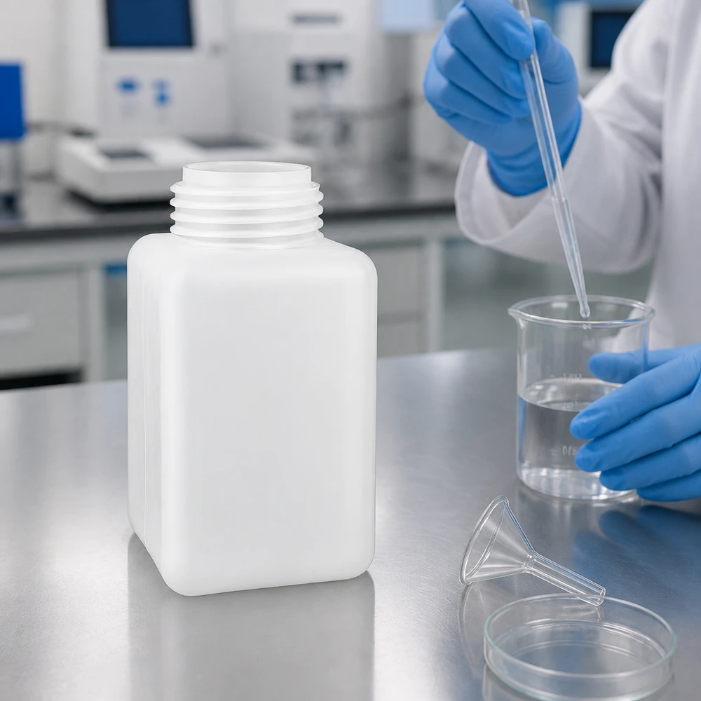 Grote PE-HD-fles met brede hals van 1000 ml voor chemische vloeistoffen, naast laboratoriumbenodigdheden