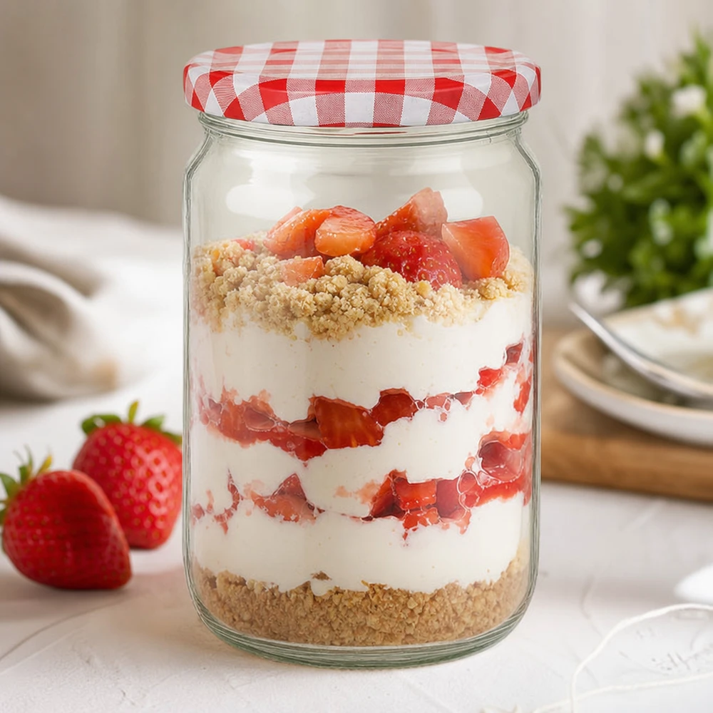 795 ml ronde pot met BasicSeal deksel als dessertpot met aardbeien, slagroom en hagelslag, perfect voor zoete desserts