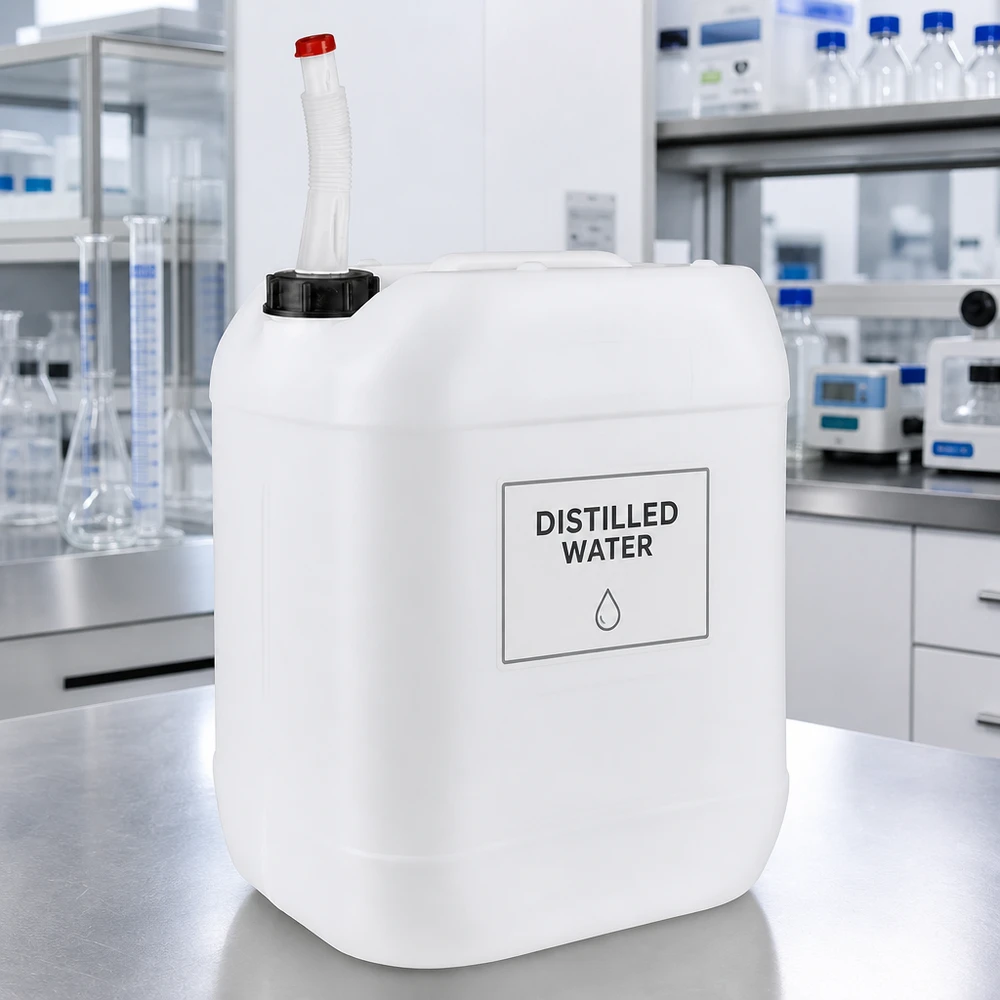 Rechthoekige kunststof jerrycan van 20 liter met flexibele slang en etiket voor laboratoriumchemicaliën en vloeistoffen