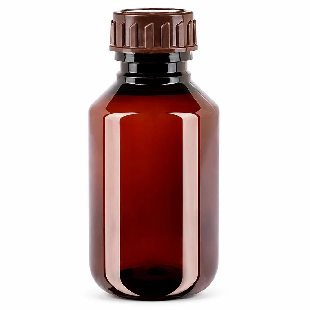 PET-fles 100ml met bruine dop Standaard Braune PET Kunststoffflasche 100ml mit braunem Verschluss für chemische und pharmazeutische Produkte