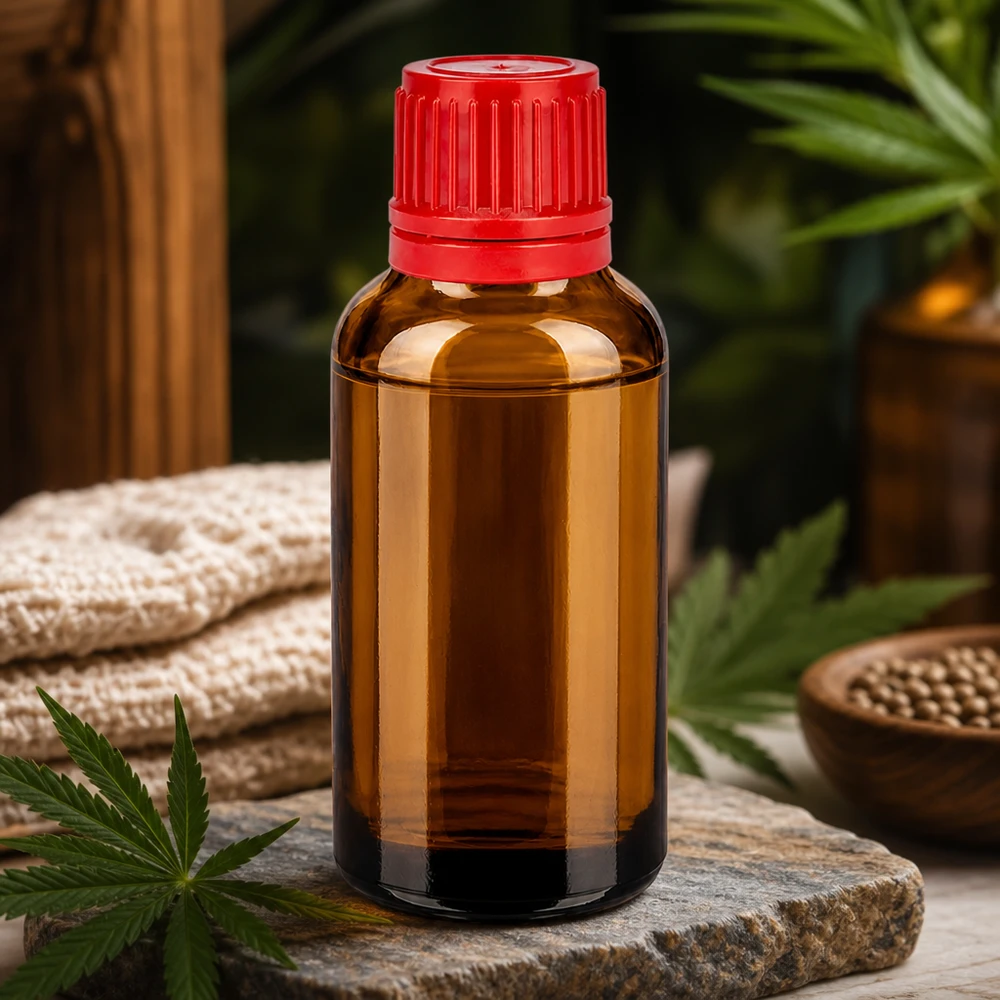 Handig glazen flesje van 30 ml met rode schroefdop, ideaal voor doe-het-zelf productie van natuurlijke cosmetica