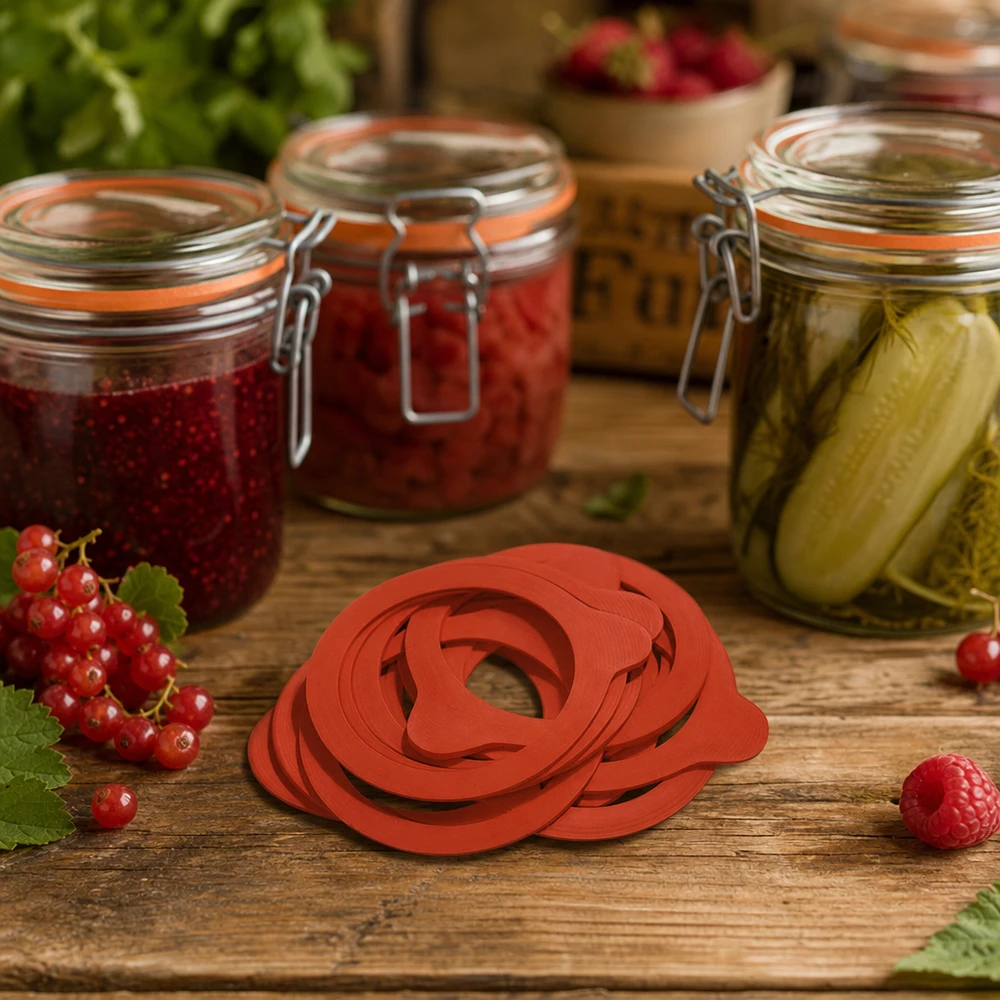 RR60 natuurrubberen inmaakringen in de keuken met gevulde inmaakpotten en verse bessen op een houten tafel