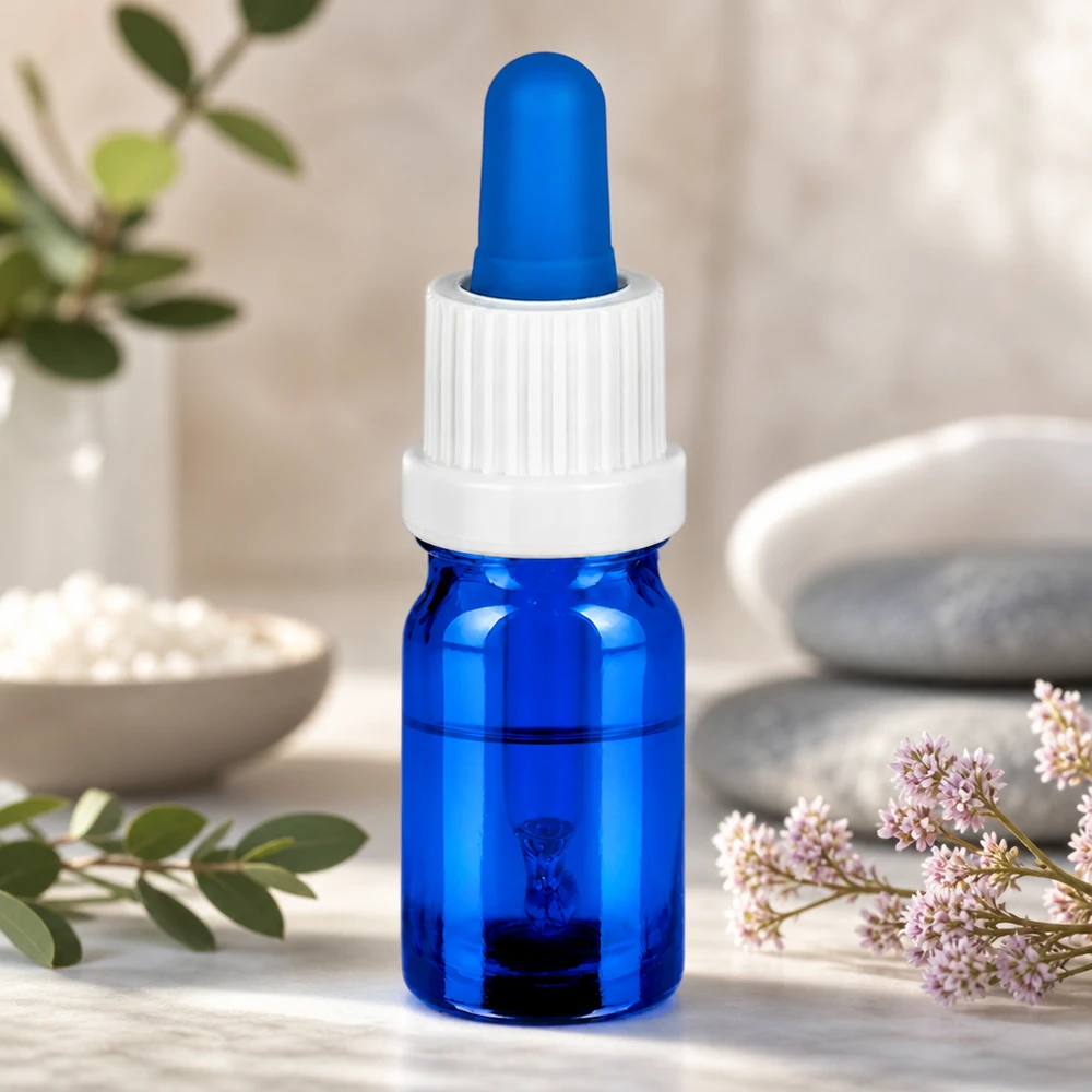 Handig pipetflesje van 5 ml in blauw met witte druppeldop voor doe-het-zelf cosmetica