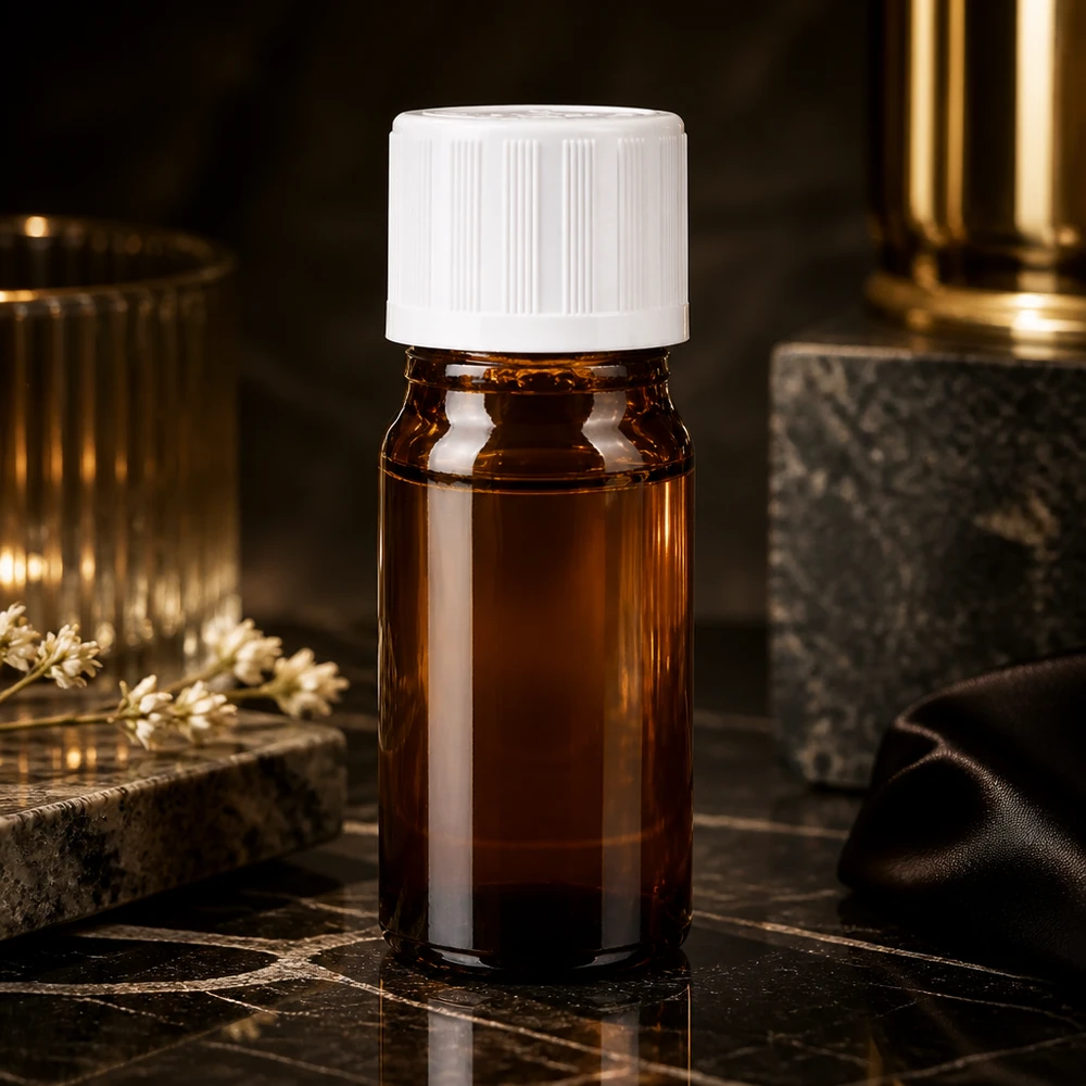 Flesje van 5 ml voor etherische olie, gemaakt van bruin apothekersglas met een witte druppeldop op een stenen voetstuk