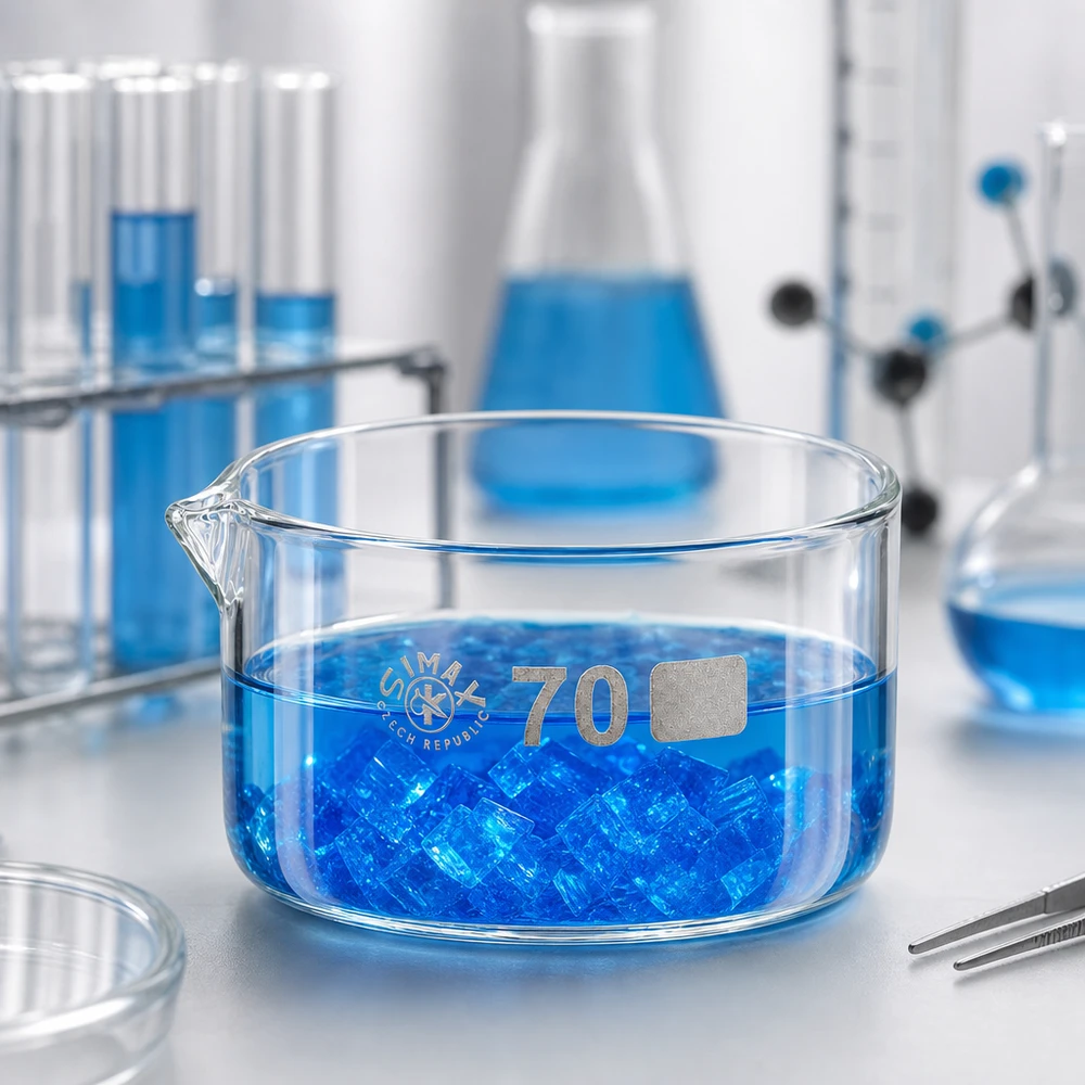 Kristalliseerschaal 100ml met schenktuit Doorzichtige laboratoriumschaal met een inhoud van 100 ml en blauwe kristallen in een laboratoriumomgeving