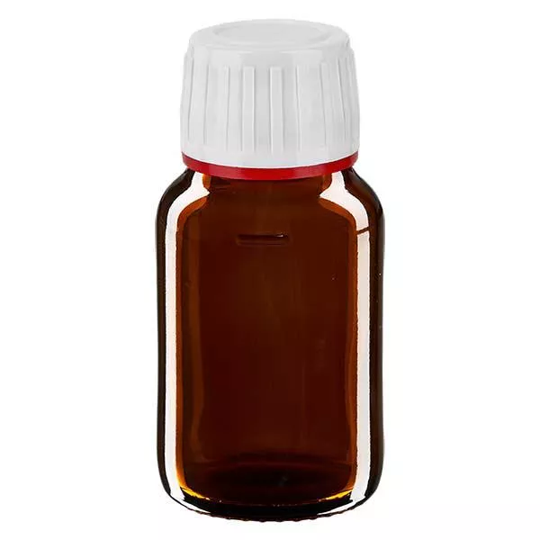 30ml Euro-medicijnfles bruin met witte schroefsluiting VR 30ml Euro-medicijnfles bruin met witte schroefsluiting VR