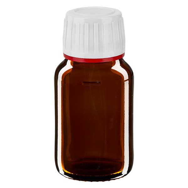30ml Euro-medicijnfles bruin met witte schroefsluiting VR 30ml Euro-medicijnfles bruin met witte schroefsluiting VR