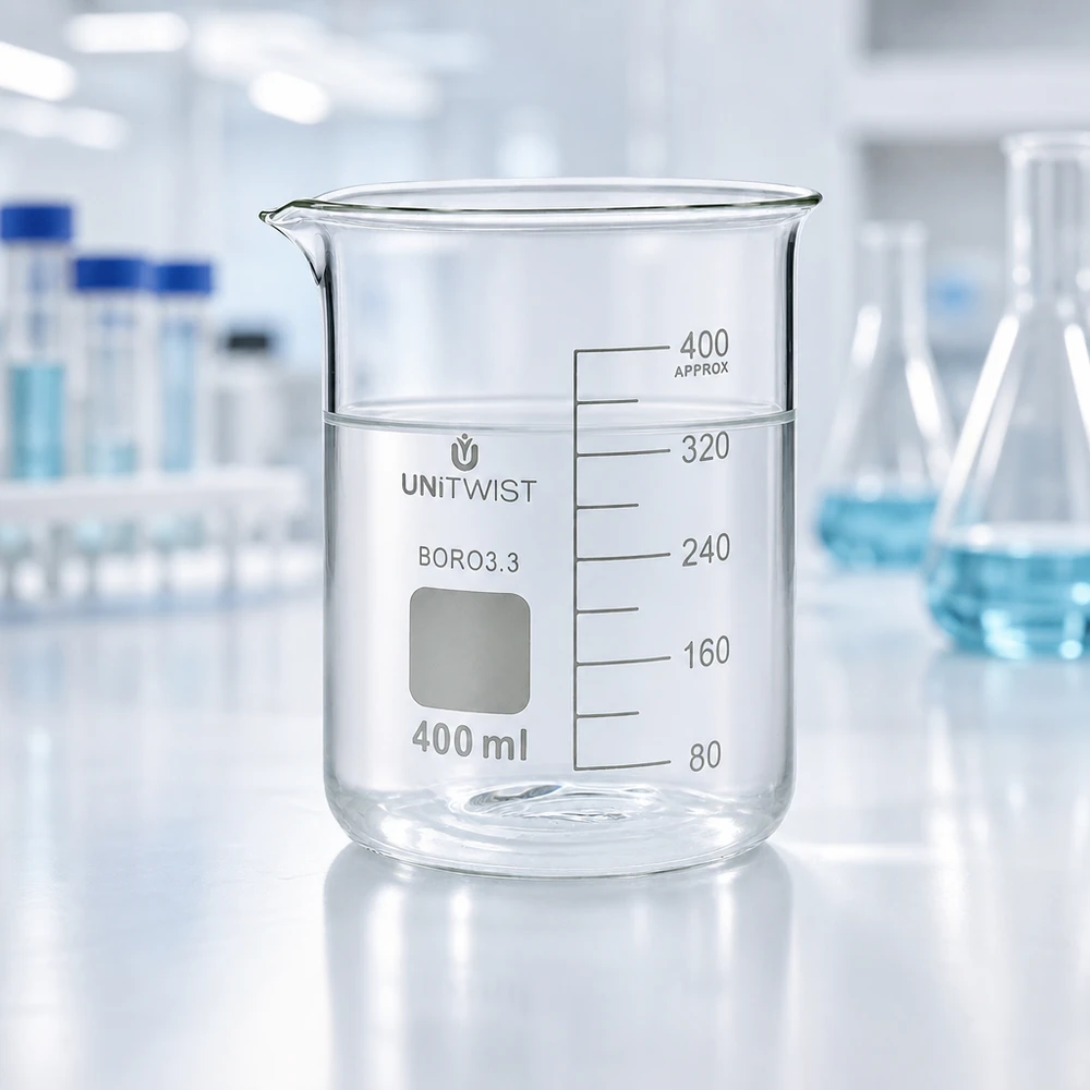 Bécher 400ml borosilicate, forme basse UNiTWIST Borosilicaat-maatbeker van 400 ml, laag model, met schaalverdeling van 80 tot 400 ml, UNiTWIST