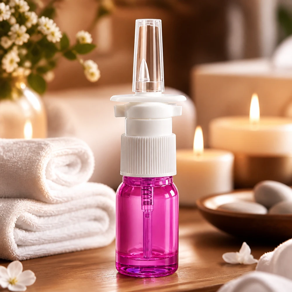 Robuuste 5ml sprayflacon van transparant paars plastic met wit pompmechanisme