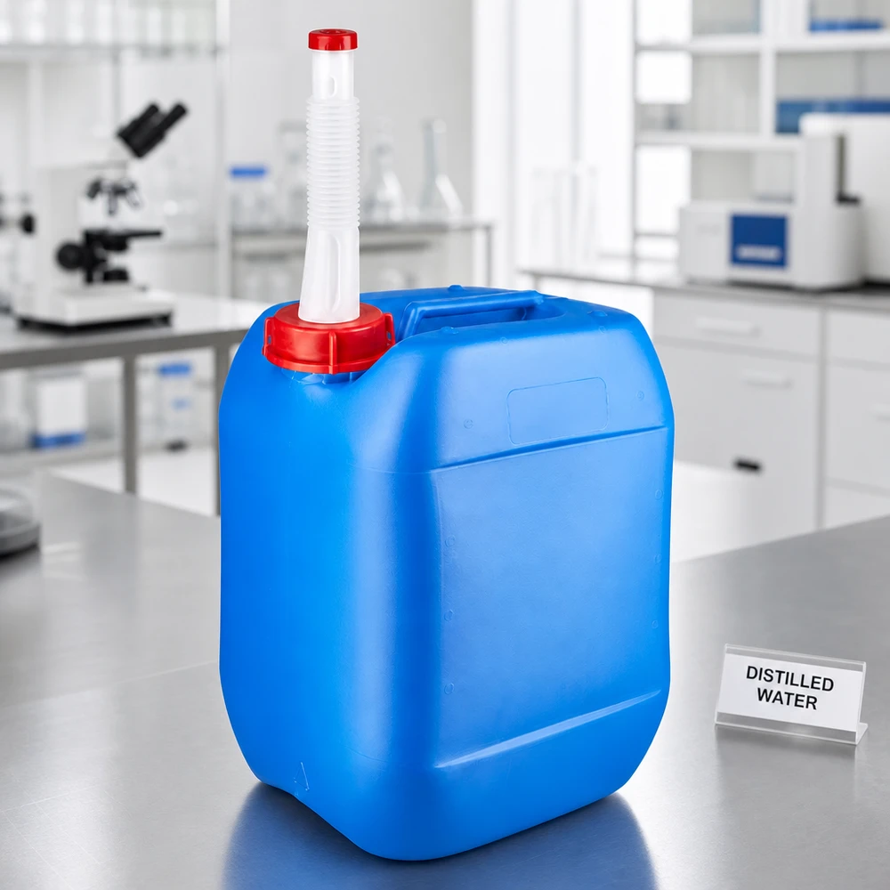 HDPE-kan van 10 liter in blauw met flexibele schenktuit en rode veiligheidssluiting