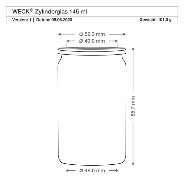 145ml cilinderglas WECK RR40 met kurk WECK cilindrische pot 145ml technische tekening met afmetingen diameter 48mm hoogte 85,7mm gewicht 101g RR40 specificatie