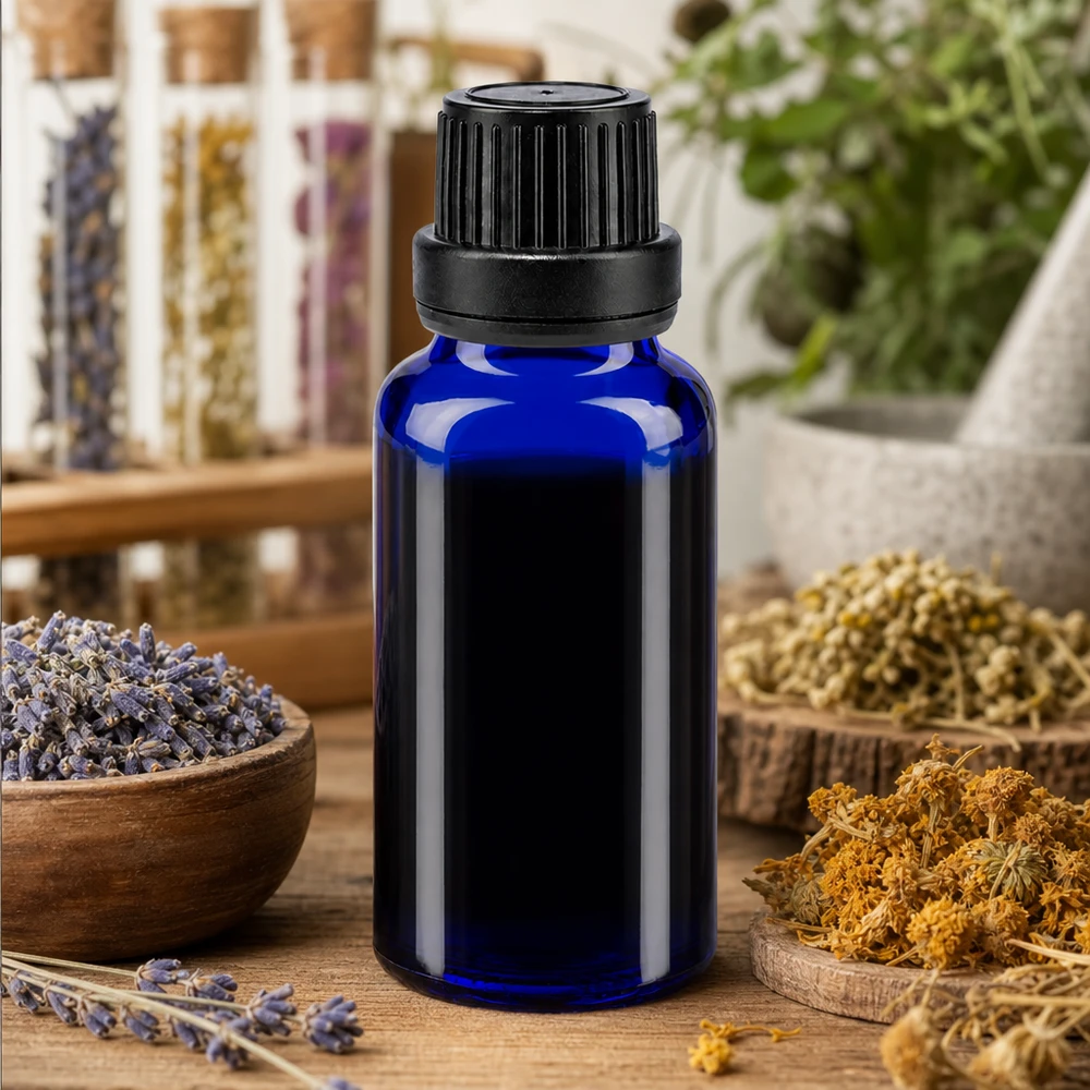 Blauwe glazen flessen 20ml met zwart druppelsluiting 2mm VR Donkerblauwe apothekersfles van 20 ml met kindveilige OV-dop voor kruidenextracten en tincturen