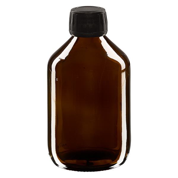 300ml Euro-medicijnfles bruin met zwarte schroefsluiting VR 300ml Euro-medicijnfles bruin met zwarte schroefsluiting VR