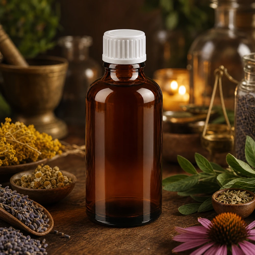 Amberkleurige glazen fles 50ml met druppeldop voor het veilig bewaren van lichtgevoelige stoffen