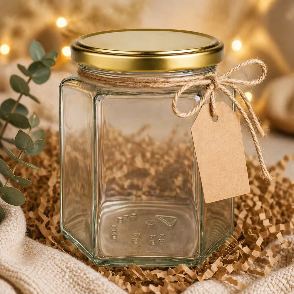 500g Honigglas BasicSeal UT mit Geschenkanhänger Bastband dekorativ präsentiert warme Beleuchtung Geschenkidee