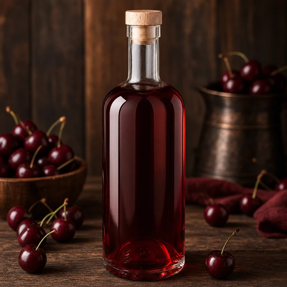 750 ml glazen fles Emma met houten handgreep UNiTWIST® 750ml glazen fles Emma met houten kurk gevuld met rode kersenvloeistof omringd door verse kersen op een houten tafel