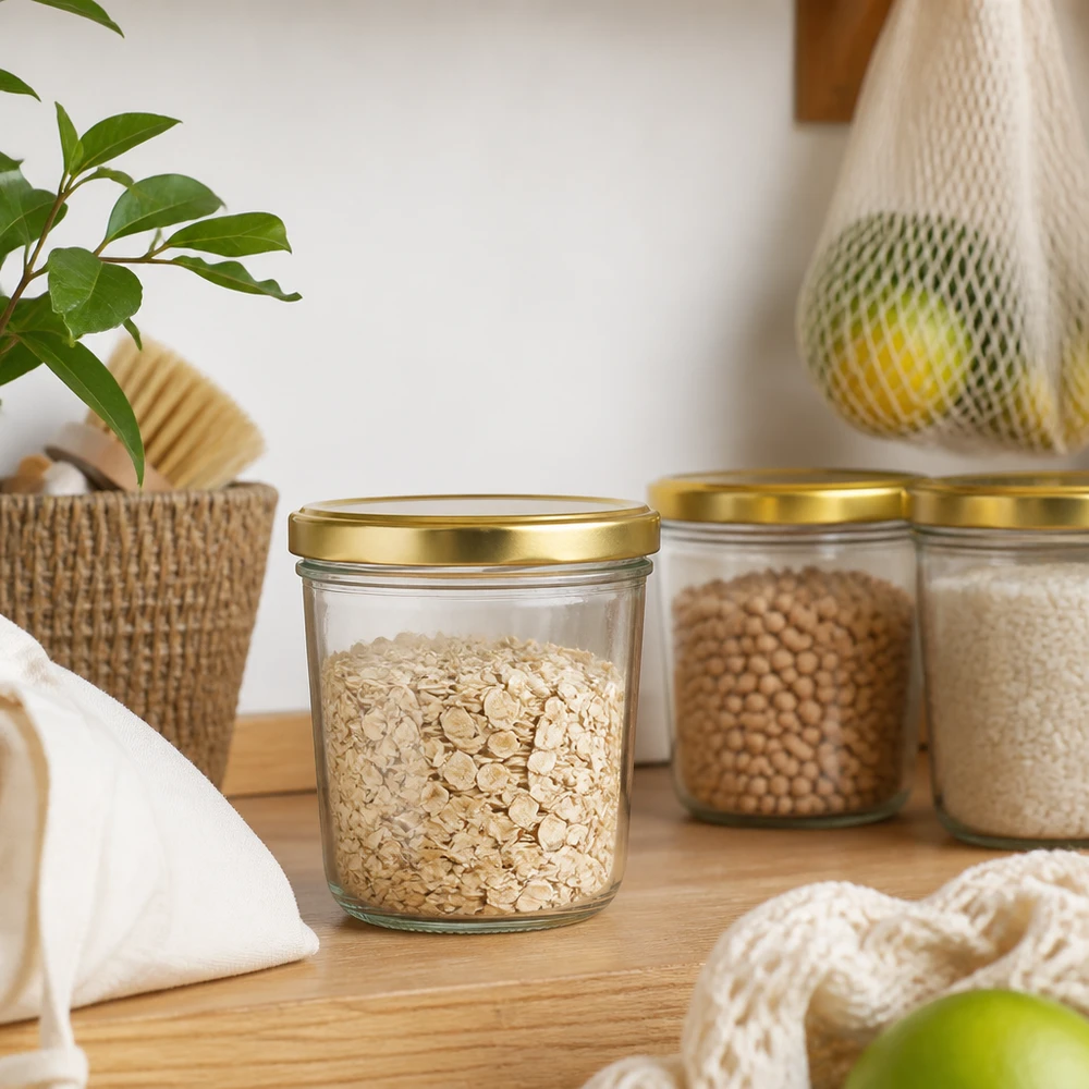 230ml bekers met BasicSeal deksel goud UNiTWIST 230ml BasicSeal gouden bekers met havervlokken in een duurzame zero-waste keuken op een houten plank met voorraadpotten
