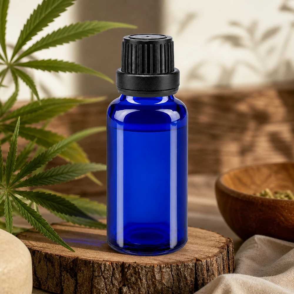 Kobaltblauw miniatuurflesje van 20 ml met een verzegelde dop voor natuurlijke geneesmiddelen