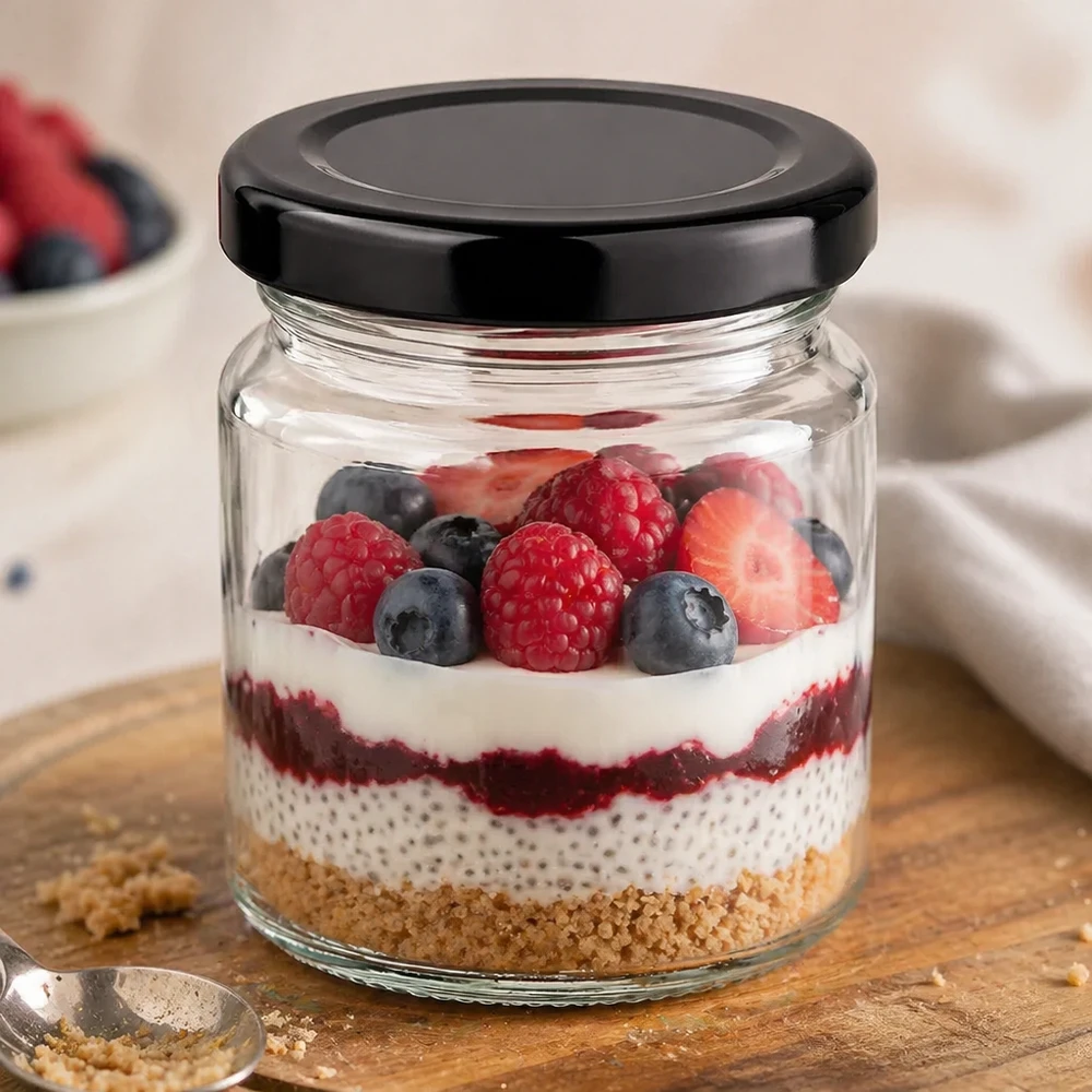 53 ml rond potje met zwart BasicSeal deksel als dessertpotje gevuld met chia pudding en gemengde bessen