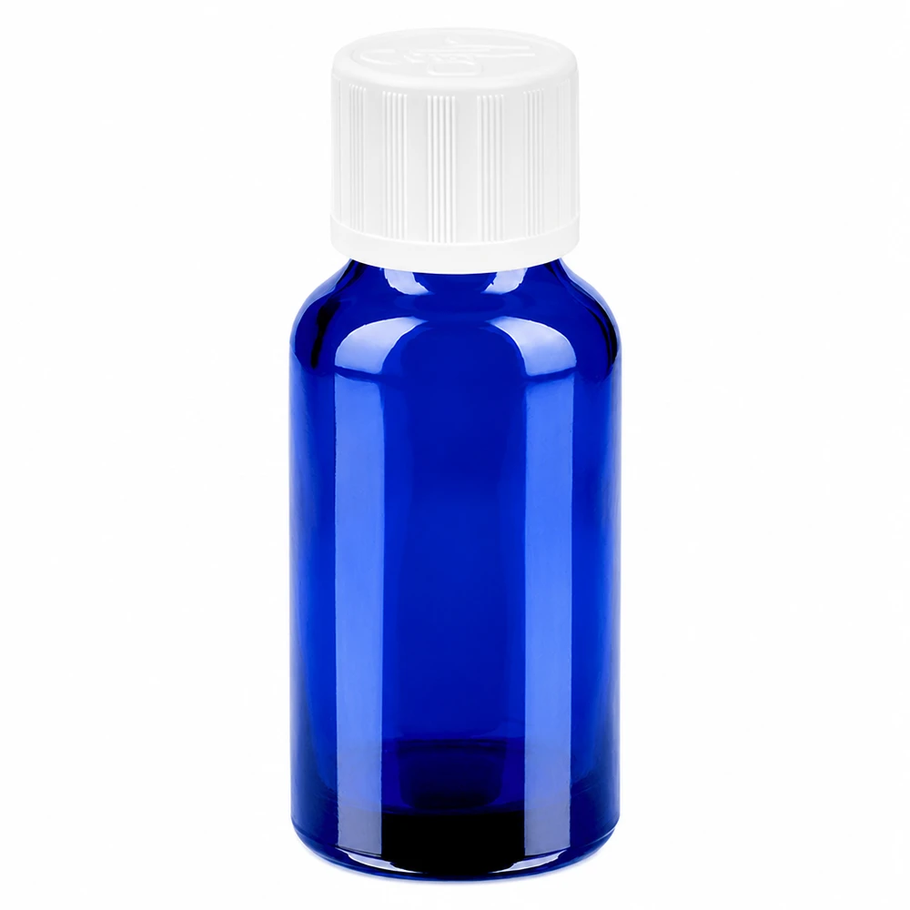 Compact flesje van 20 ml in elegant kobaltblauw met stevige witte plastic dop